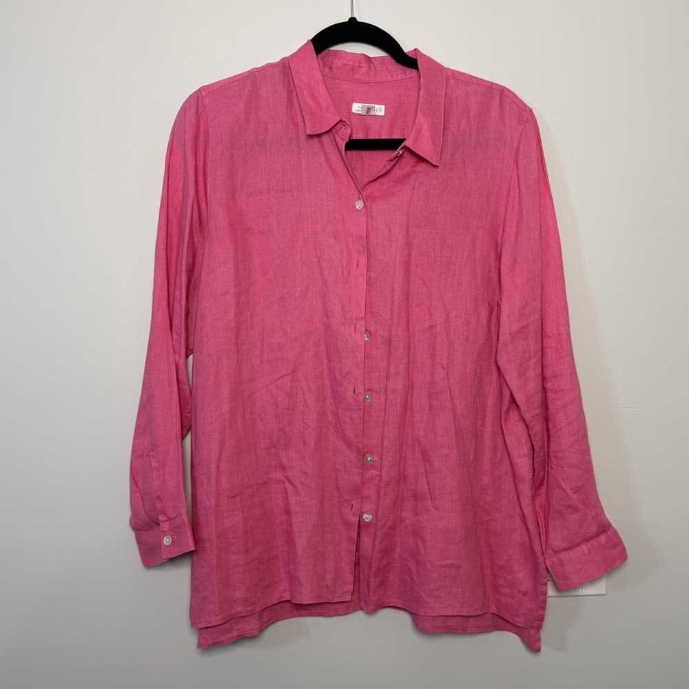 J. Jill 100% Linen Button-Down Shirt Vibrant Pink Size L